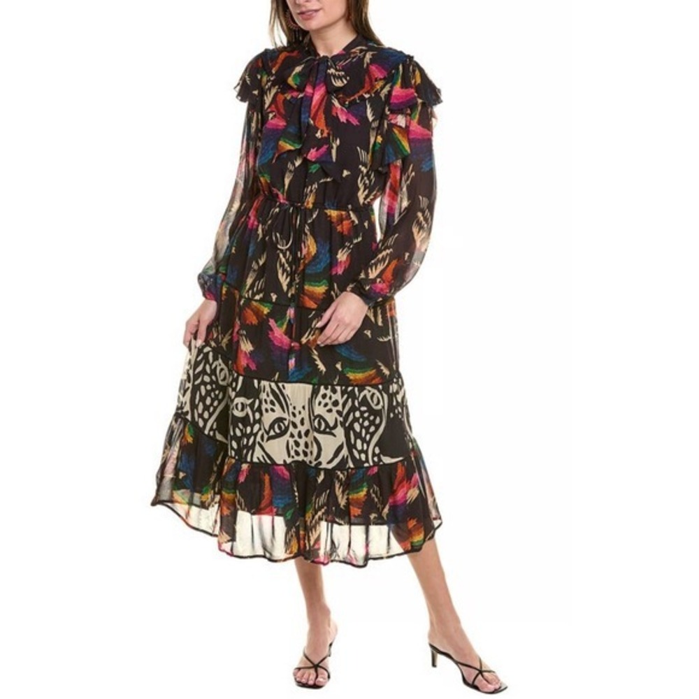 Farm Rio Tiered Midi Dress Long Sleeve Ruffle Neck Multicolor Print Boho‎ Chic